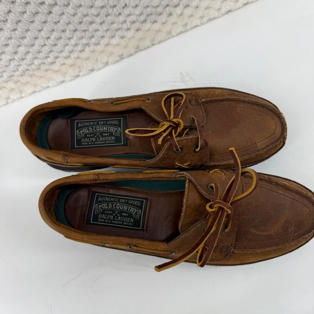 Vintage Polo Country Ralph Lauren Men Boat Shoes Leather Brown Lace Up Casual 8D